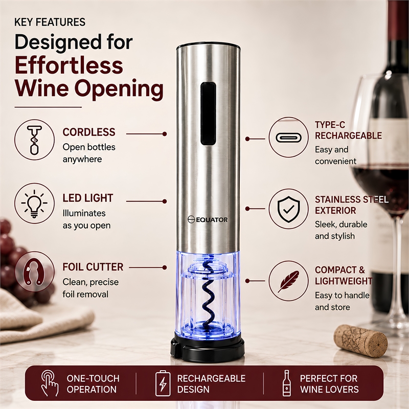 Equator Electric Cordless Wine Opener w/ Base LED Light & Foil Cutter