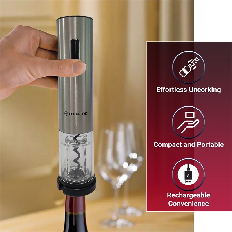 Equator Wine Bottle Opener Cordless Rechargeable with DC Adapter Stainless