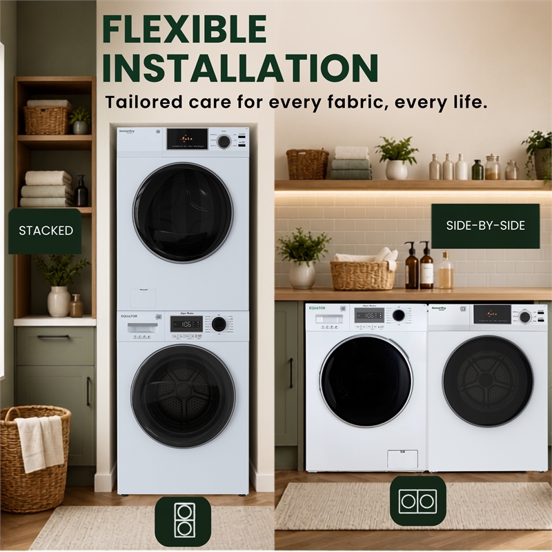 Equator VALUE STACK LAUNDRY 220V 26 Lbs Washer 2.5cf+Vented Dryer 4cf 1 OUTLET