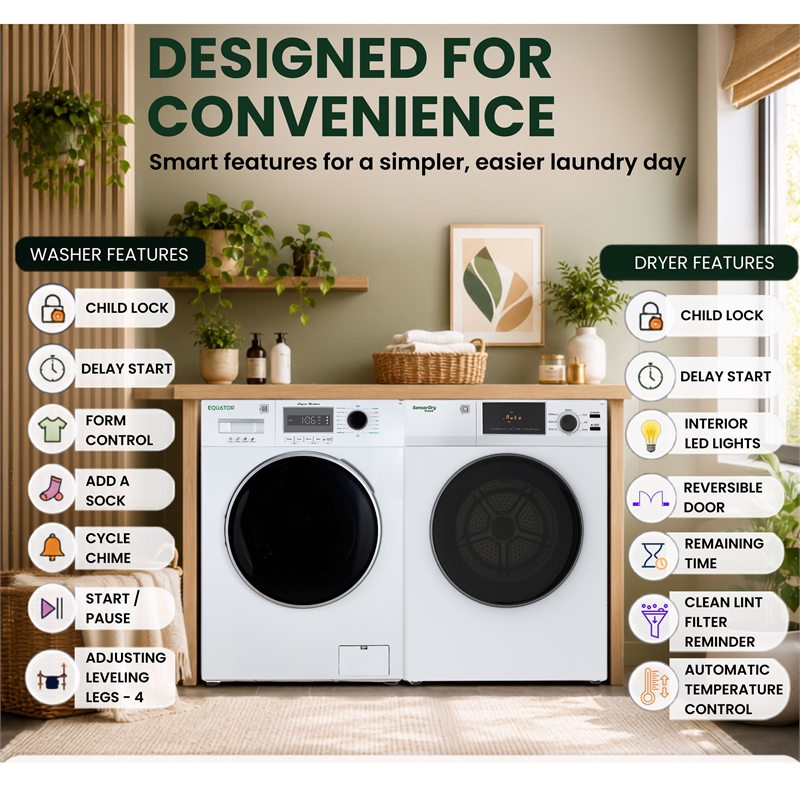 Equator VALUE STACK LAUNDRY 220V 26 Lbs Washer 2.5cf+Vented Dryer 4cf 1 OUTLET