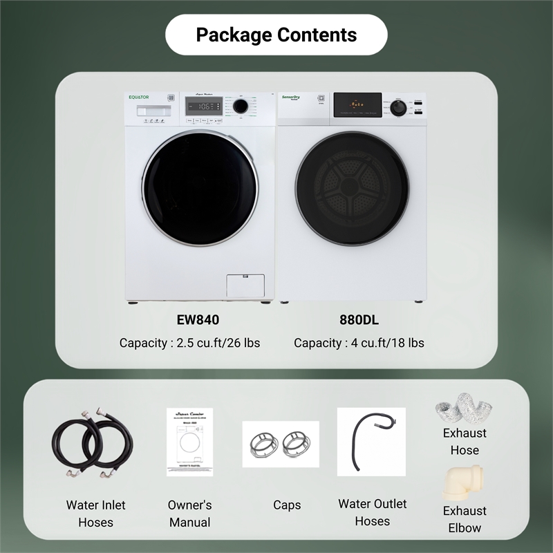 Equator VALUE STACK LAUNDRY 220V 26 Lbs Washer 2.5cf+Vented Dryer 4cf 1 OUTLET