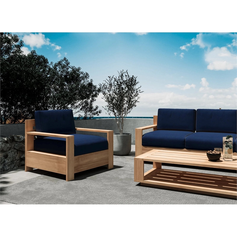 Curated Maison Lothair Teak Outdoor Club Chair with Navy Fabric Cushion