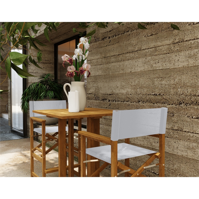 Curated Maison Directeur 3 Pc Square Teak Outdoor Bar Height Dining Set in White