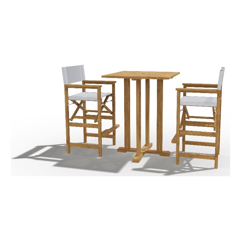 Curated Maison Directeur 3 Pc Square Teak Outdoor Bar Height Dining Set in White