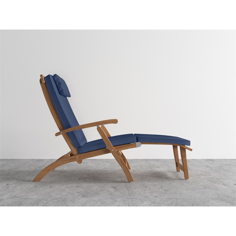 Curated Maison Adelle Teak Folding Outdoor Deck Chair Lounge with Navy Cushions