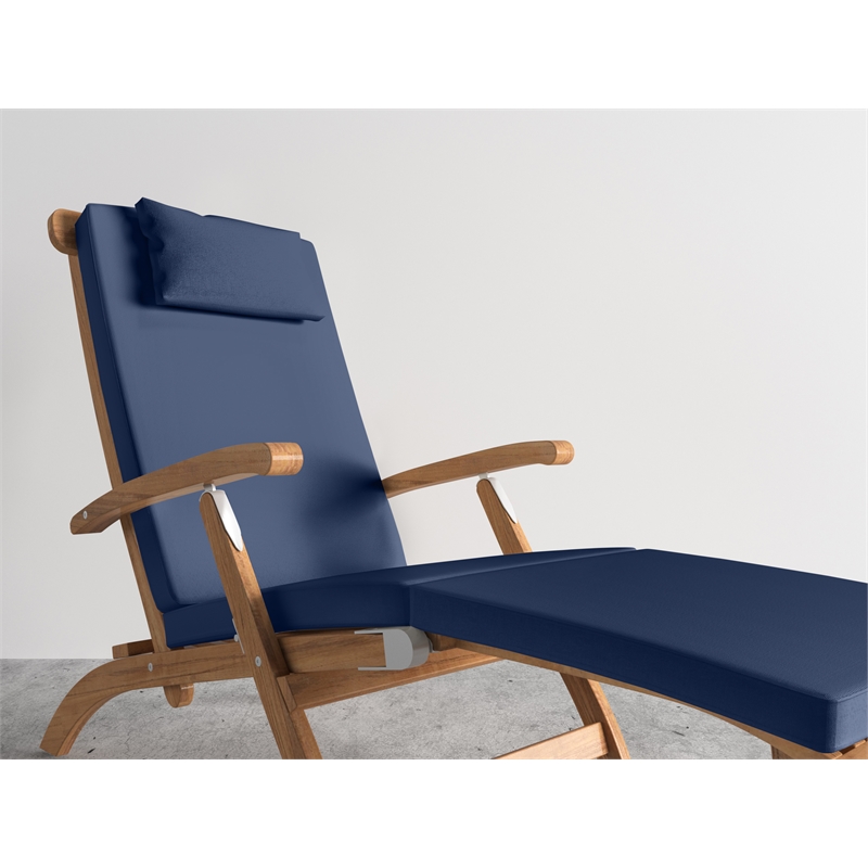 Curated Maison Adelle Teak Folding Outdoor Deck Chair Lounge with Navy Cushions
