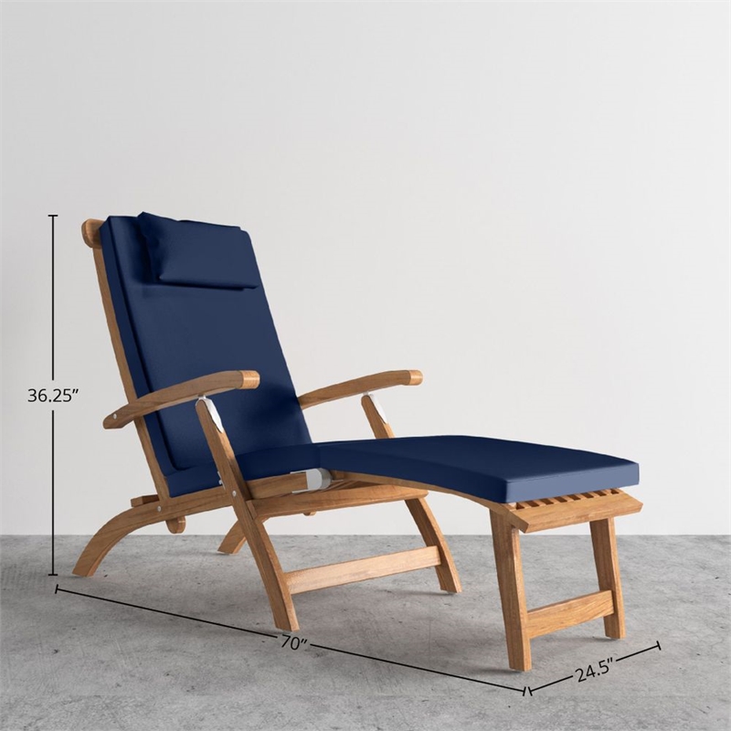 Curated Maison Adelle Teak Folding Outdoor Deck Chair Lounge with Navy Cushions