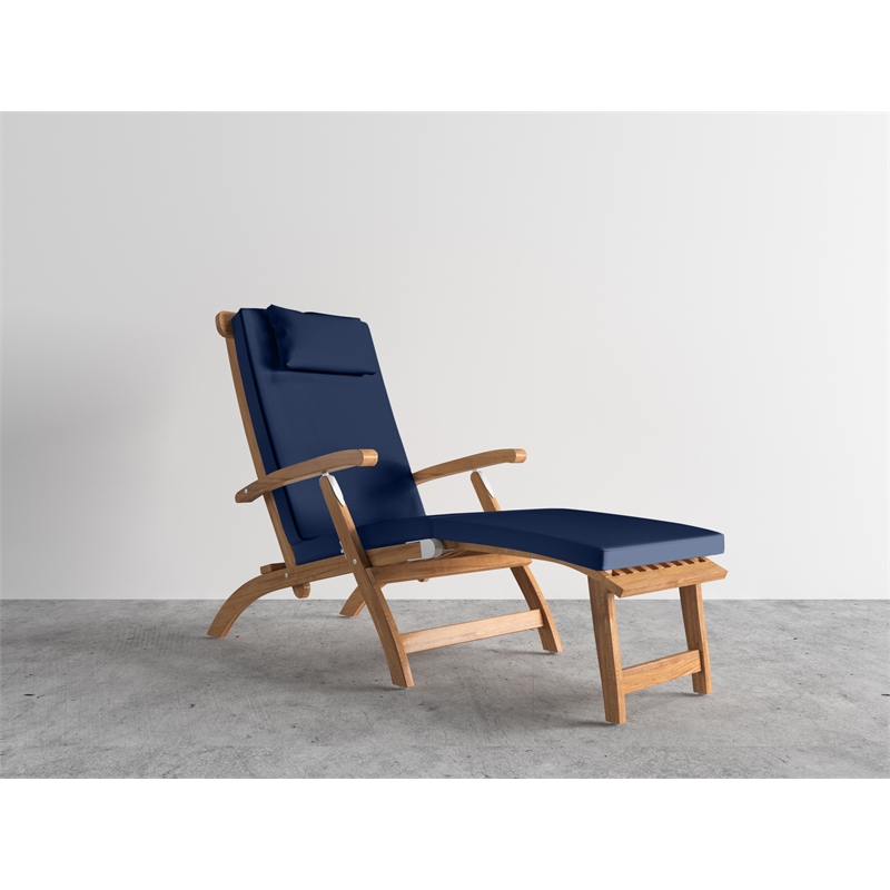 Curated Maison Adelle Teak Folding Outdoor Deck Chair Lounge with Navy Cushions