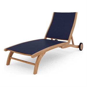 Curated Maison Perrin Teak Outdoor Reclining Chaise Lounger in Blue with Wheels