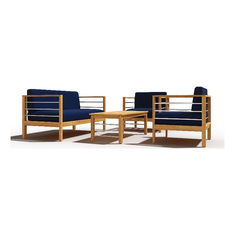 Curated Maison Leon 4-Piece Teak Outdoor Patio Deep Seating Set w/ Navy Cushions