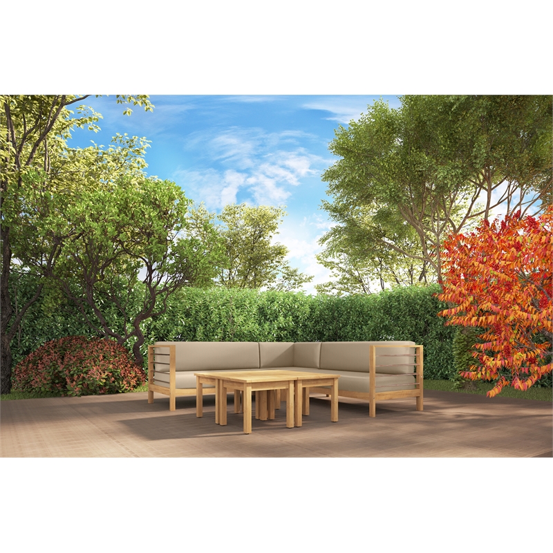 Curated Maison Leon Teak Outdoor Sectional Corner with Fawn Cushion in Camel
