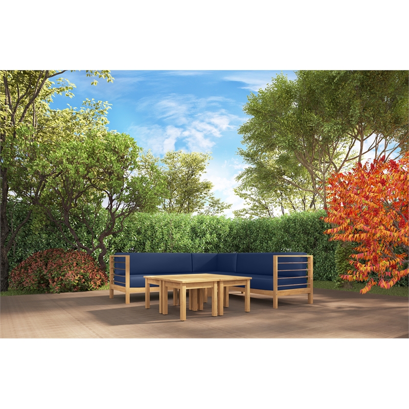 Curated Maison Leon Teak Outdoor Sectional Corner with Navy Cushion