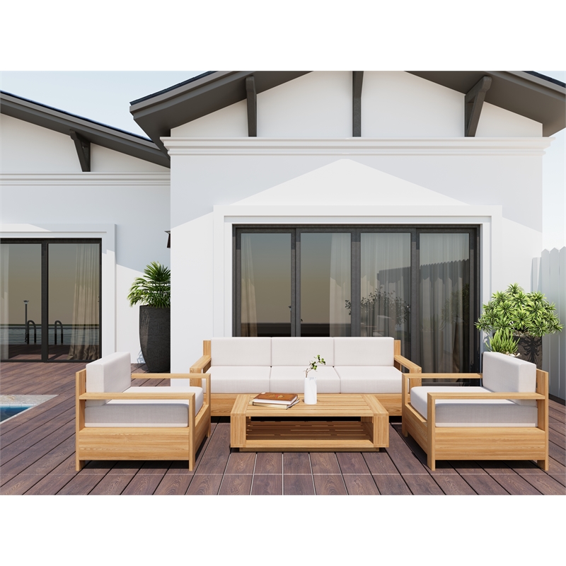 Curated Maison Lothair Teak Deep Seating Outdoor Sofa with Canvas Cushions Tan