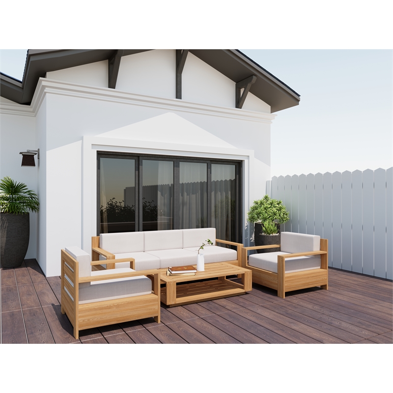 Curated Maison Lothair Teak Deep Seating Outdoor Sofa with Canvas Cushions Tan