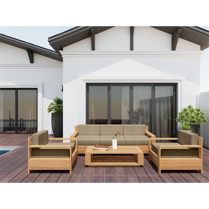 Curated Maison Lothair Teak Deep Seating Outdoor Sofa with Fawn Cushions