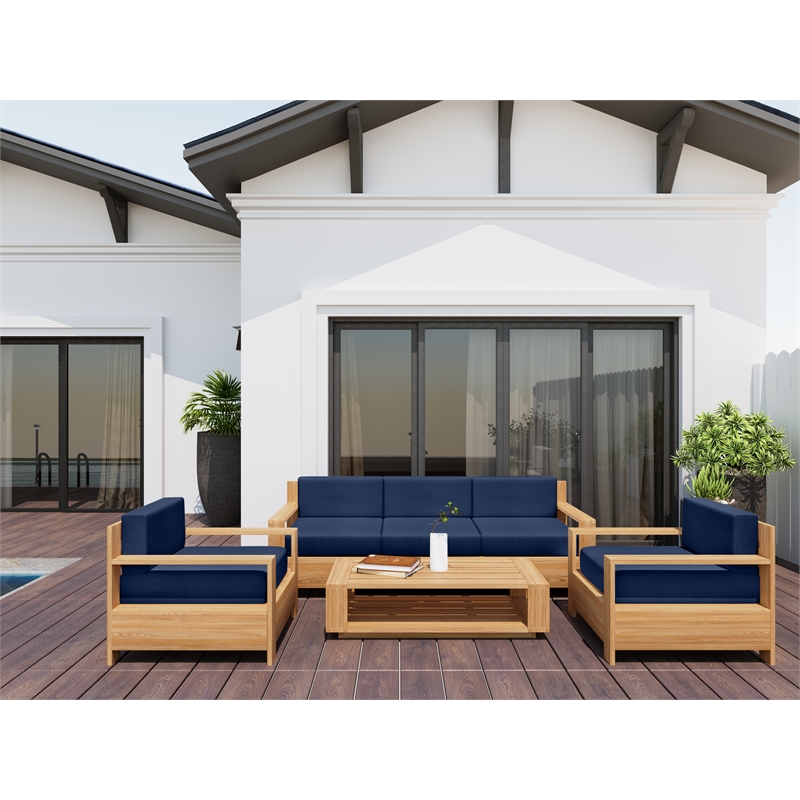 Curated Maison Lothair Teak Deep Seating Outdoor Sofa with Navy Cushions