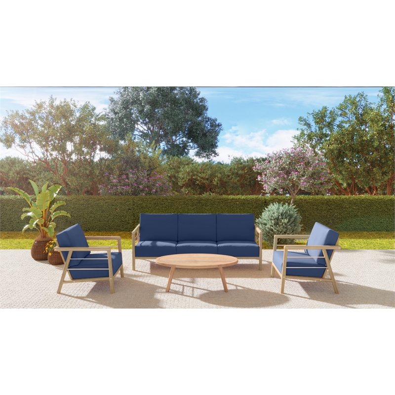 Curated Maison Daniele 4-Pc Teak Outdoor Patio Deep Seating Set w/ Navy Cushions
