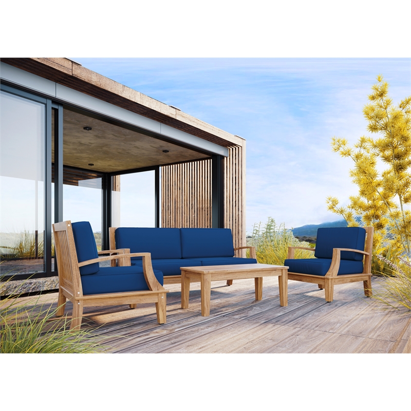 Curated Maison Eliane 4Pc Teak Outdoor Patio Deep Seating Set with Navy