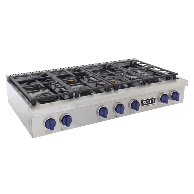48 in. Natural Gas Range Top in Stainless Steel with Royal Blue Knobs