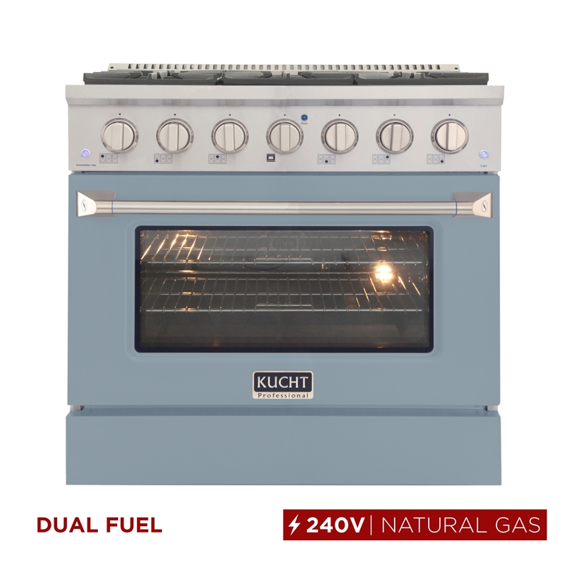 36 in. 5.2 cu. ft Dual Fuel Range for Natural Gas Sealed Burners in Light Blue.