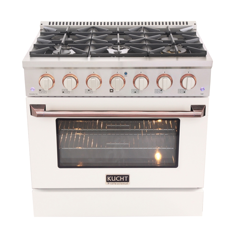 36 in. 5.2 cu. Dual Fuel Range for Propane Gas in Rose Gold Handle & Ring Knobs.