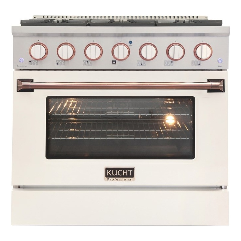 36 in. 5.2 cu. Dual Fuel Range for Propane Gas in Rose Gold Handle & Ring Knobs.