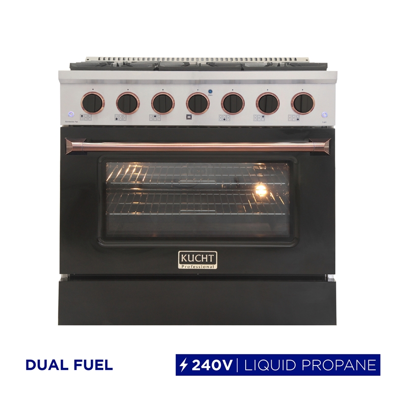 36 in. 5.2 cu. ft. Dual Fuel Range for Propane Gas in Rose Handle & Ring Knobs.