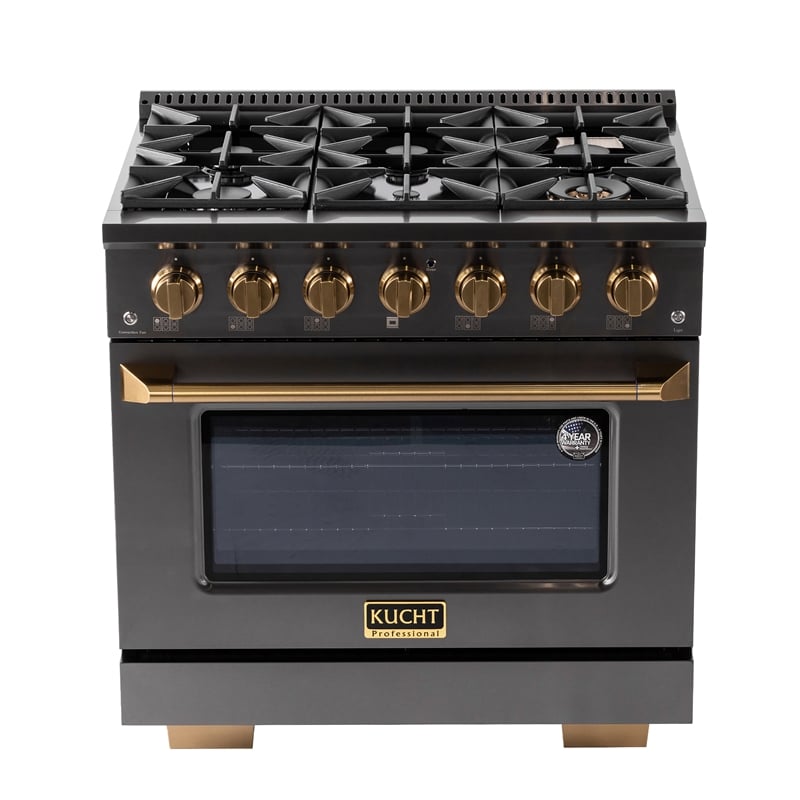 36 in. Dual Fuel Range for Natural Gas in Titanium SS + Wall Mount Range Hood