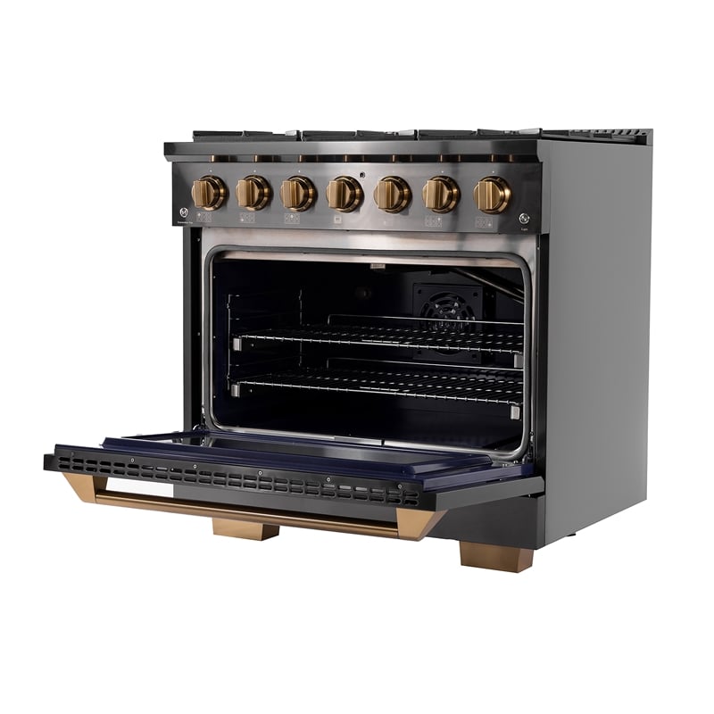 36 in. Dual Fuel Range for Natural Gas in Titanium SS + Wall Mount Range Hood