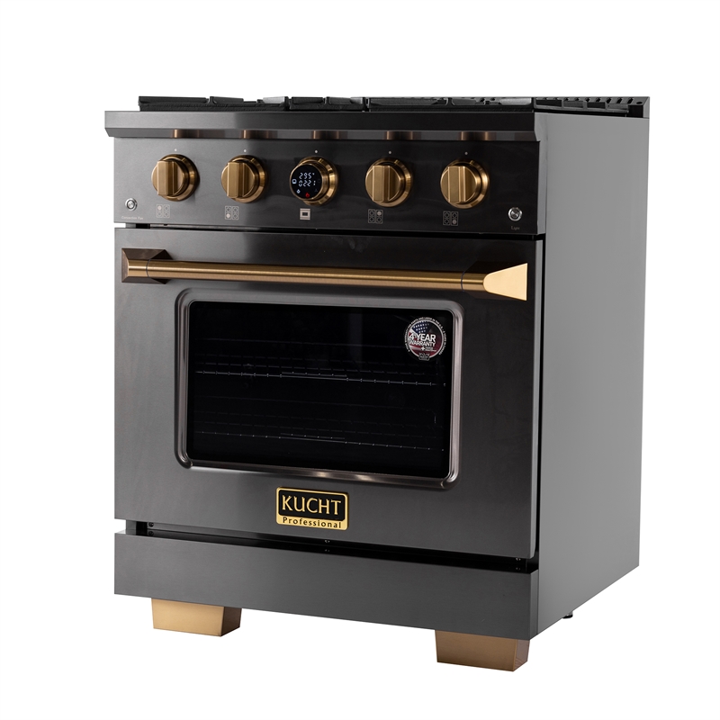 Dual Fuel Range Propane Gas in Titanium Stainless Steel + Wall Mount Range Hood