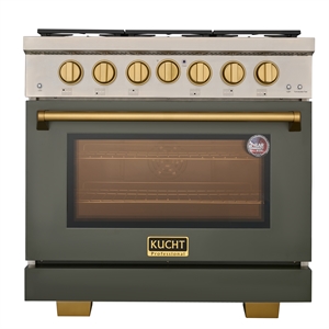 KUCHT Professional 36 in Propane Gas Range in Olive Green with gold knobs