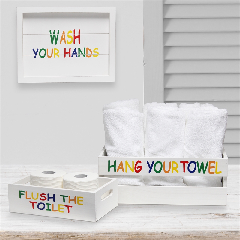 Elegant Designs Wood Large 3 Pc Bathroom Holder Set in White Wash