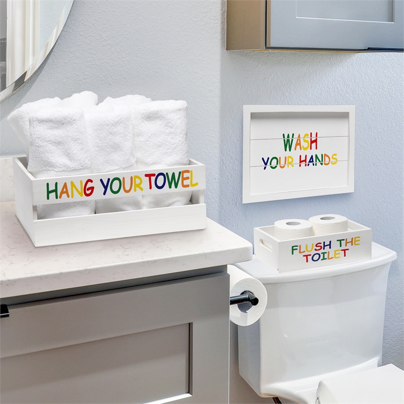 Elegant Designs Wood Large 3 Pc Bathroom Holder Set in White Wash