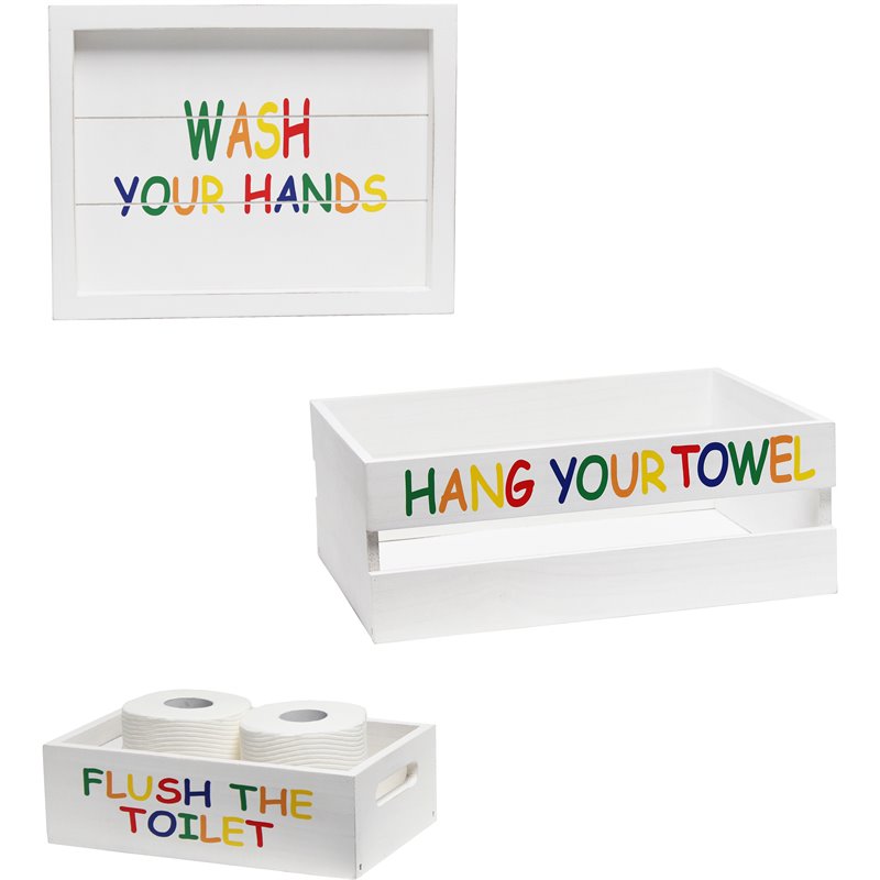 Elegant Designs Wood Large 3 Pc Bathroom Holder Set in White Wash