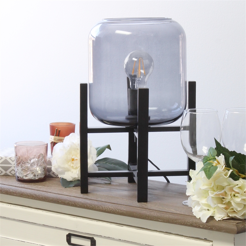 Simple Designs Glass Mounted Table Lamp in Black with Smoke Shade