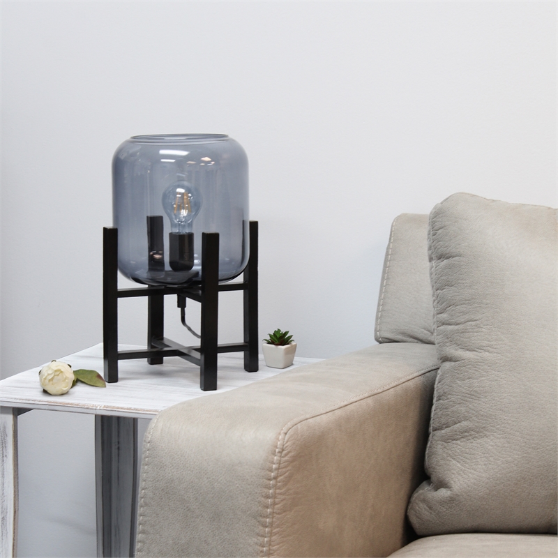 Simple Designs Glass Mounted Table Lamp in Black with Smoke Shade