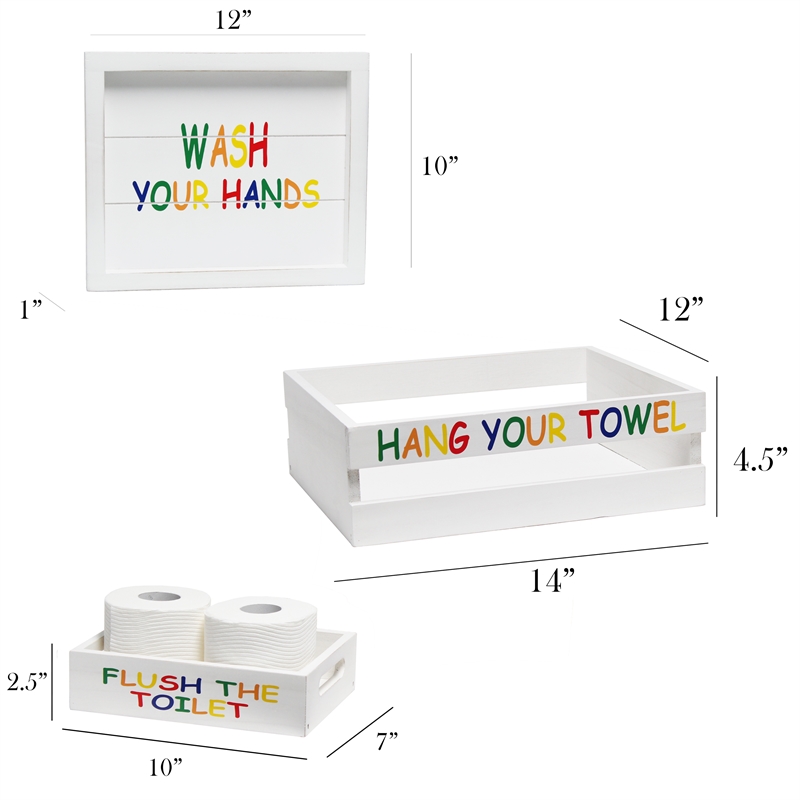 Elegant Designs Wood Small 3 Pc Bathroom Holder Set in White Wash