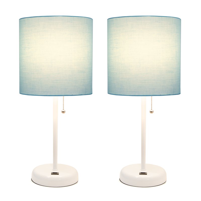 LimeLights Metal Stick Lamp w/ USB Port 2 Pack in White with Aqua Blue Shade
