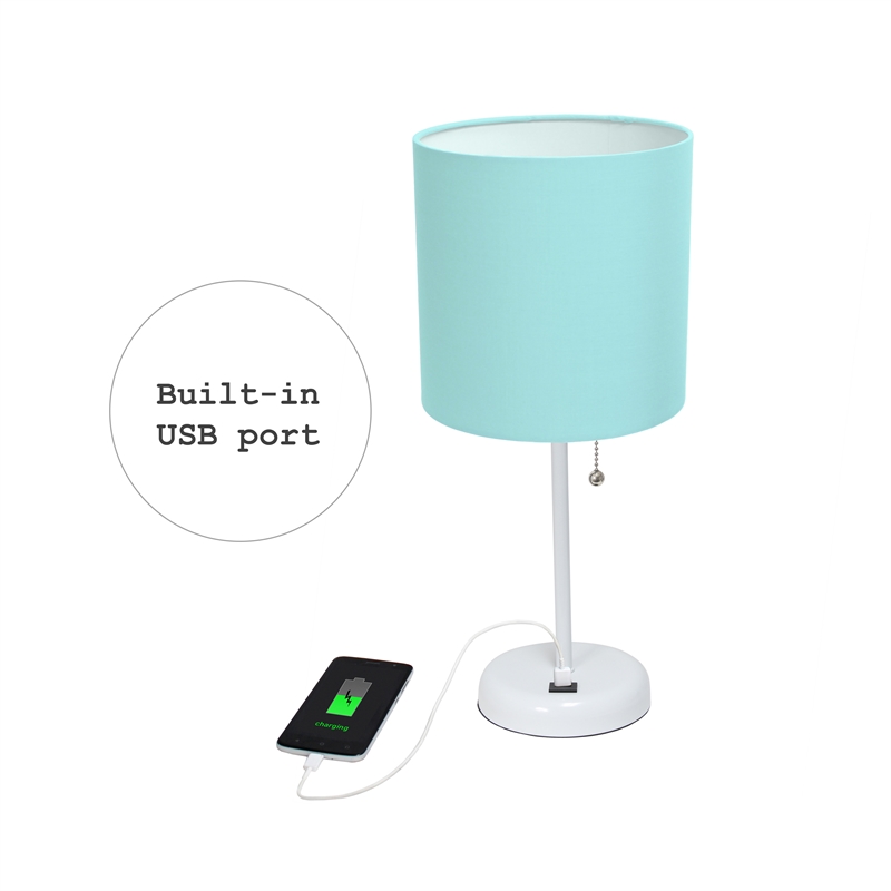 LimeLights Metal Stick Lamp w/ USB Port 2 Pack in White with Aqua Blue Shade
