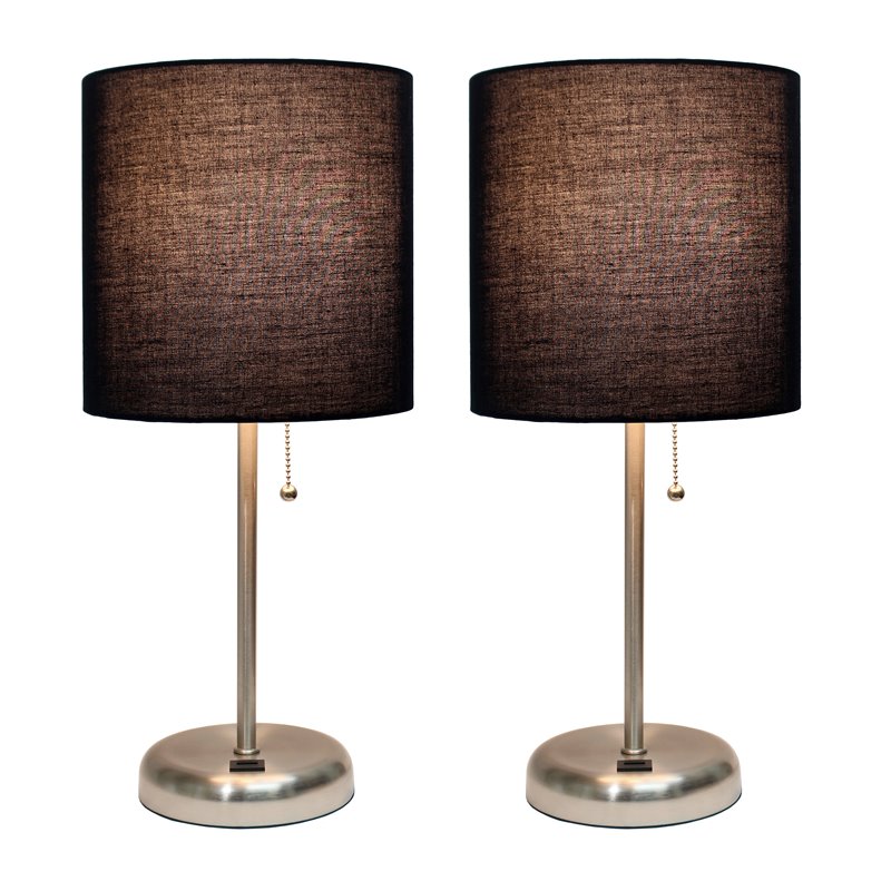 LimeLights Silver Metal Stick Lamp w/ USB Port 2 Pack with Black Shade