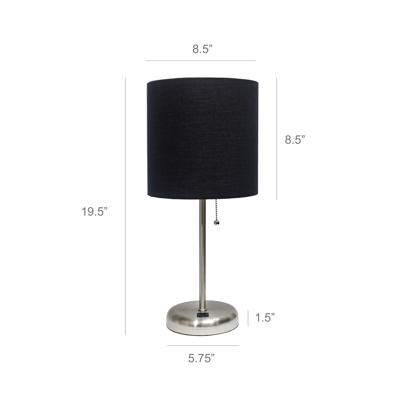 LimeLights Silver Metal Stick Lamp w/ USB Port 2 Pack with Black Shade