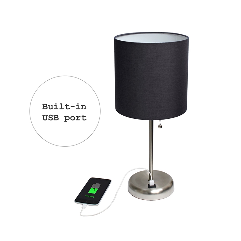 LimeLights Silver Metal Stick Lamp w/ USB Port 2 Pack with Black Shade