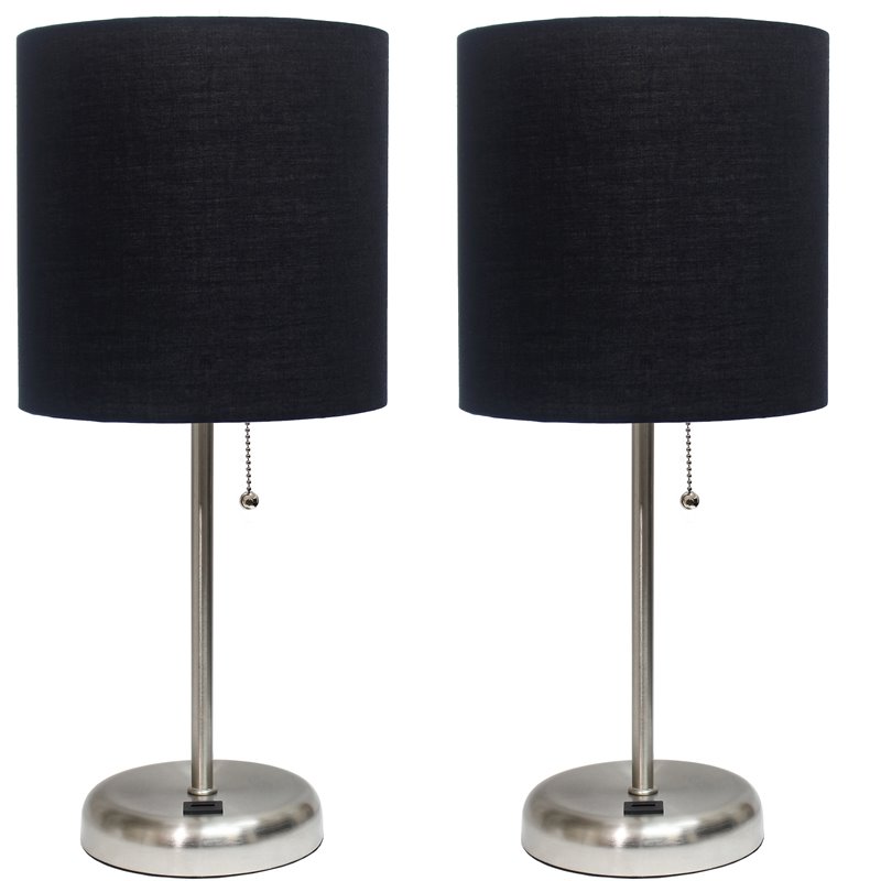 LimeLights Silver Metal Stick Lamp w/ USB Port 2 Pack with Black Shade