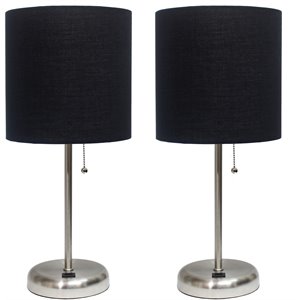 LimeLights Silver Metal Stick Lamp w/ USB Port 2 Pack with Black Shade