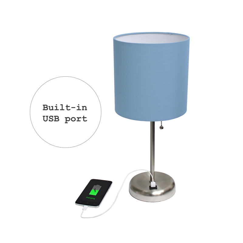 LimeLights Silver Metal Stick Lamp w/ USB Port 2 Pack with Blue Shade