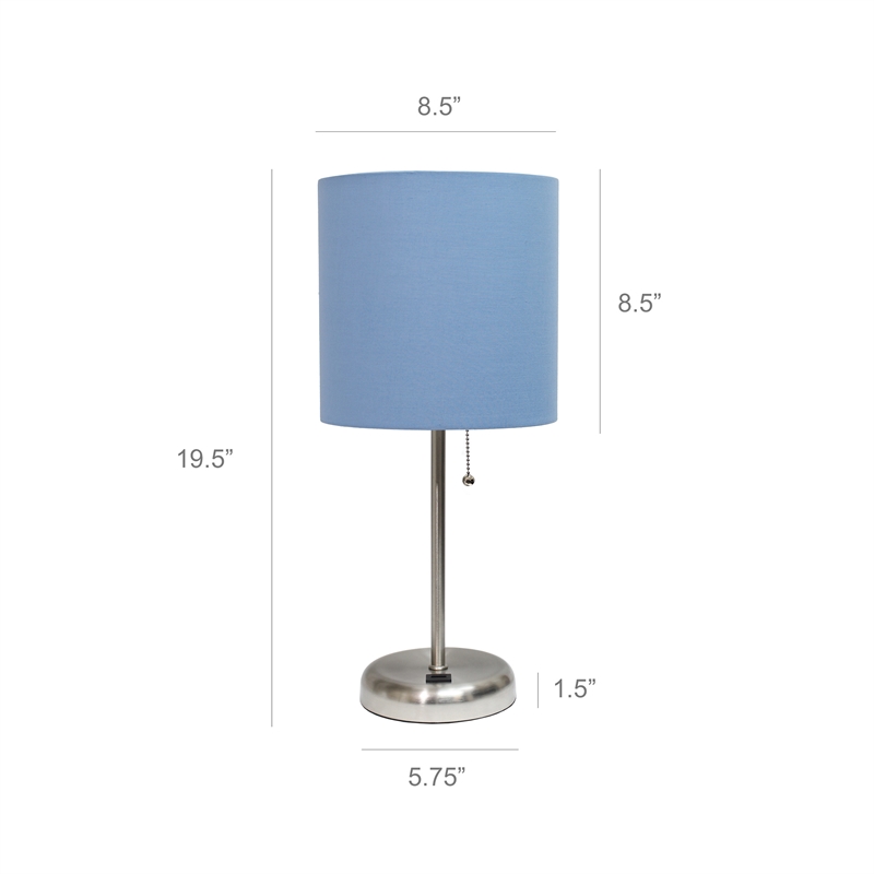 LimeLights Silver Metal Stick Lamp w/ USB Port 2 Pack with Blue Shade