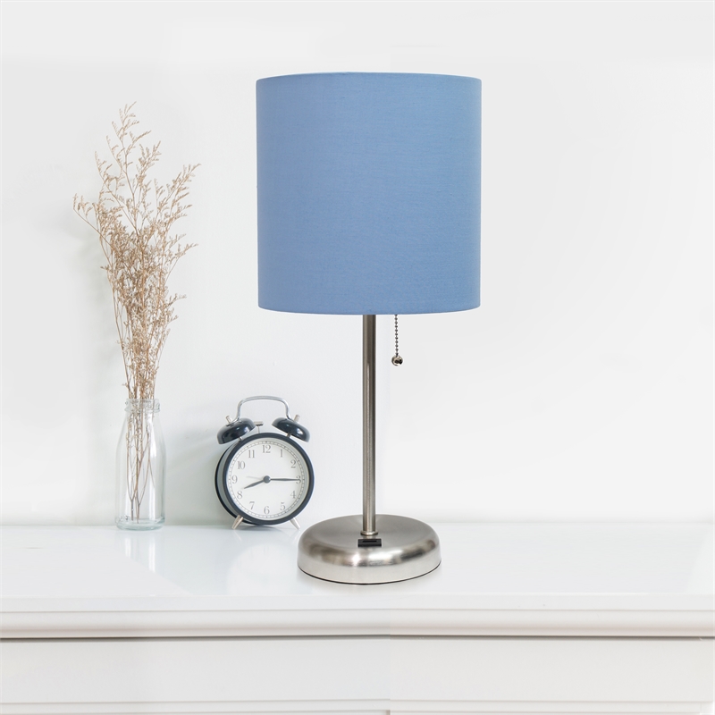 LimeLights Silver Metal Stick Lamp w/ USB Port 2 Pack with Blue Shade