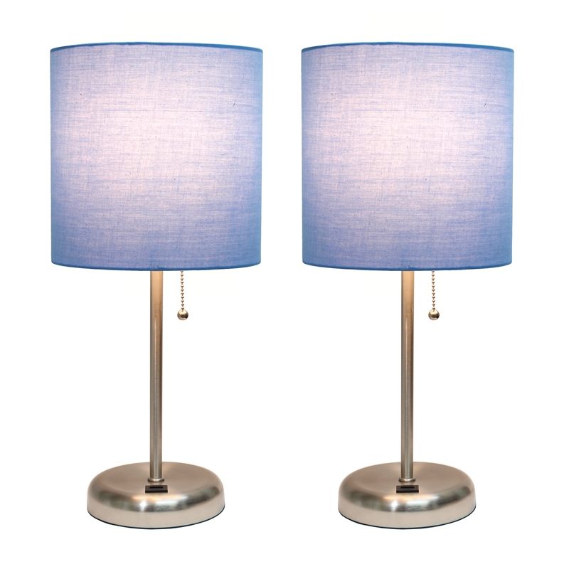 LimeLights Silver Metal Stick Lamp w/ USB Port 2 Pack with Blue Shade
