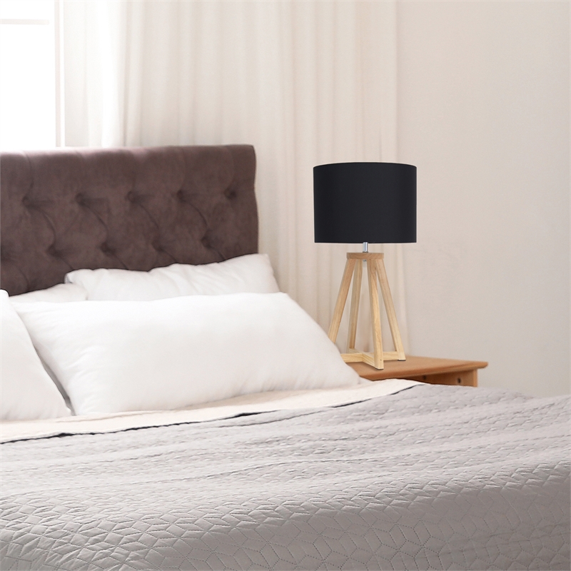 Simple Designs Wood Interlocked Triangle Table Lamp in Natural with Black Shade