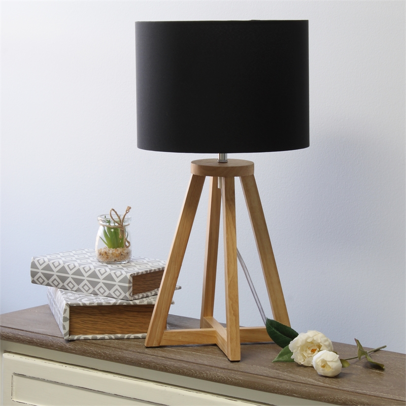 Simple Designs Wood Interlocked Triangle Table Lamp in Natural with Black Shade